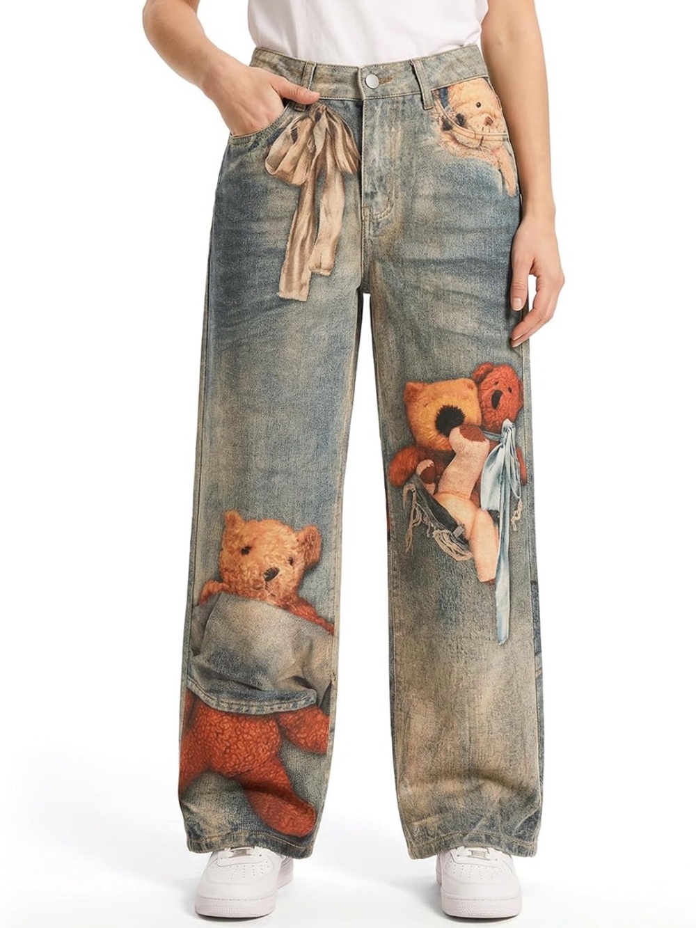 Wide-Leg Teddy Beat Print Jeans in Washed Blue and Brown - Picture 2 of 5